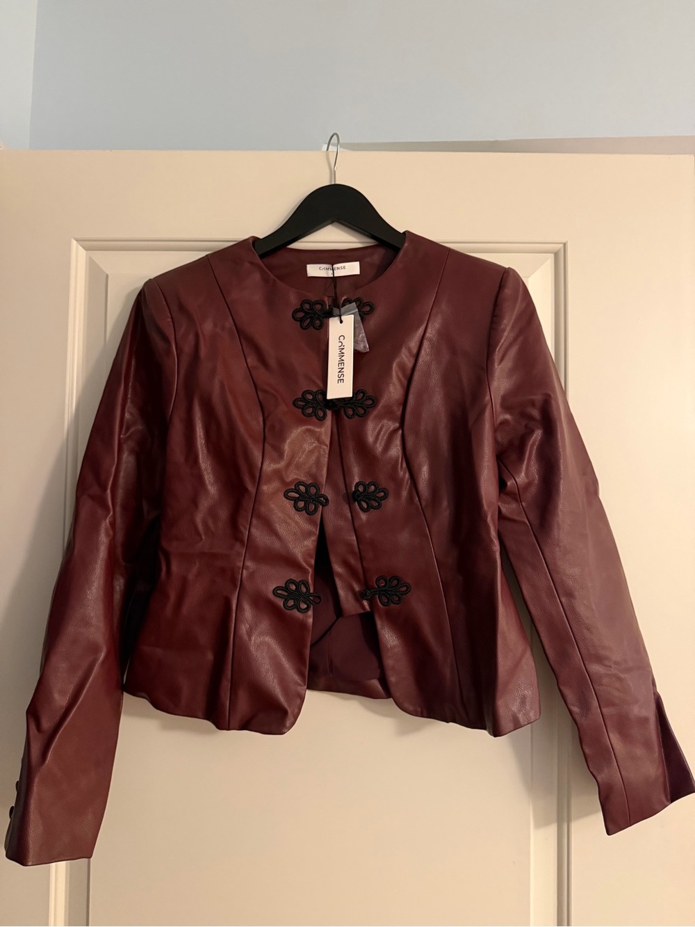Commense Burgundy Faux Leather Blazer with Frog Closures - Picture 2 of 8